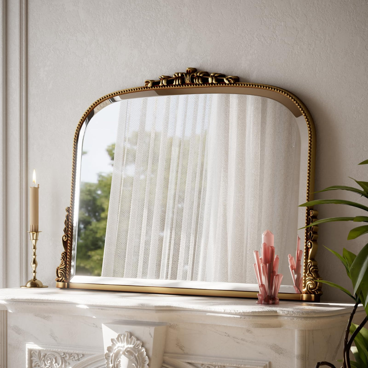 Wall Beaded Mirror, 36 x 27 Inch Round Top Right Angle Wall Mirror, Tempered Glass, Rust Resistant, Horizontally or