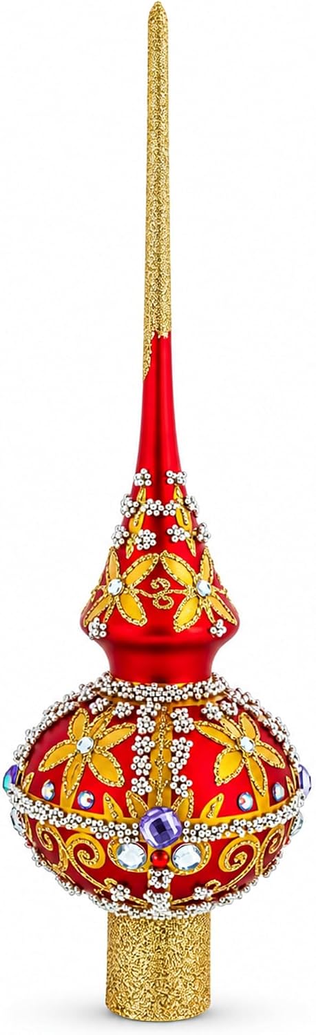 Baroque Style Red & Gold Jeweled Finial Glass Tree Topper 11 Inches