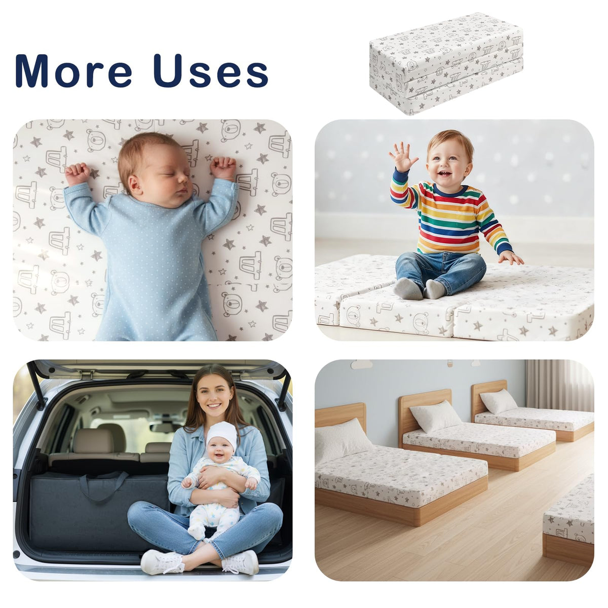 Trifold Play Yard Mattress 38'' x 26'' x 3'', Soft Baby Memory Foam Play Yard for Toddlers, Portable Mini