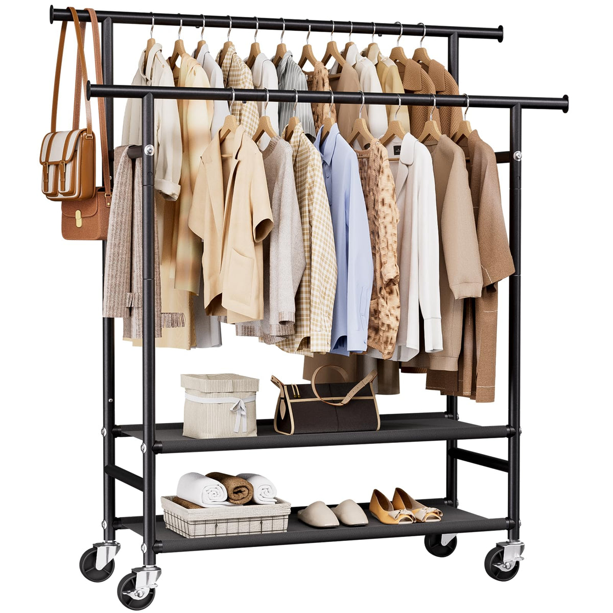 Clothes Rack,Double Rods Rolling Clothing Rack for Hanging Clothes,Portable Garment Rack with 2-Tier Storage