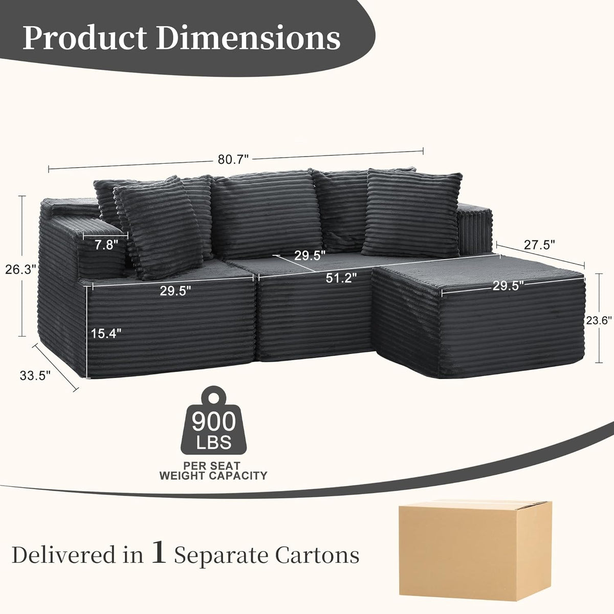 80" Cloud Modular Sectional Sofa with L-Shaped, Boneless Couches for Living Room