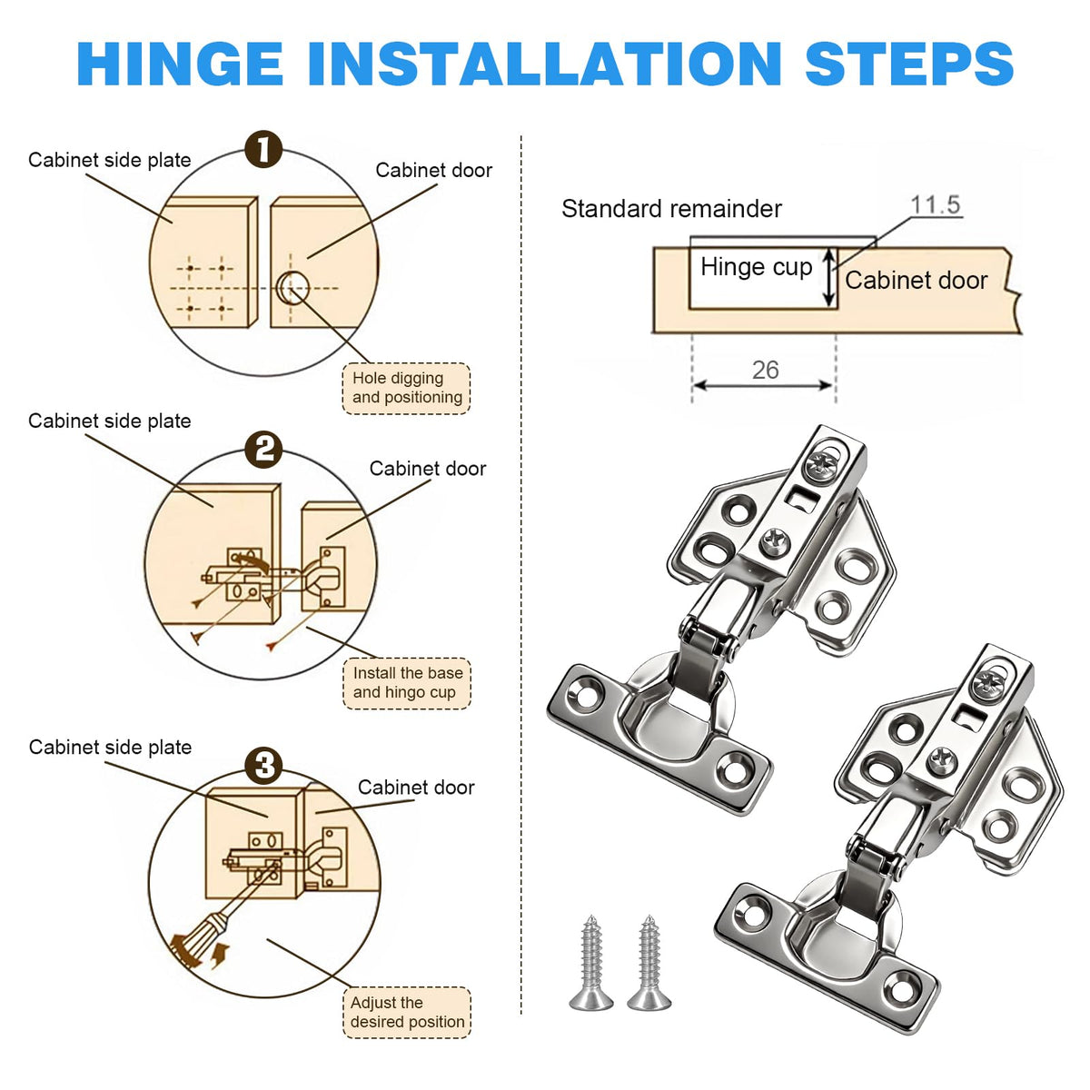 4 Pack 26mm Soft Close Cabinet Hinges, 90° Inset Cupboard Hinges