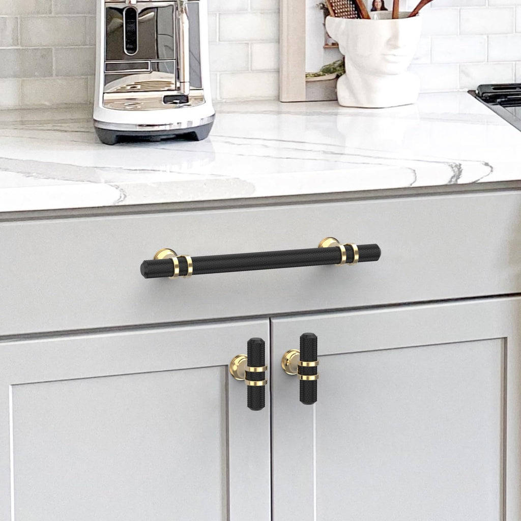 10 Pack Gold and Matte Black Knurled Cabinet Knobs for Dresser Kitchen Knobs for Cabinets Single Hole Cabinet Pulls