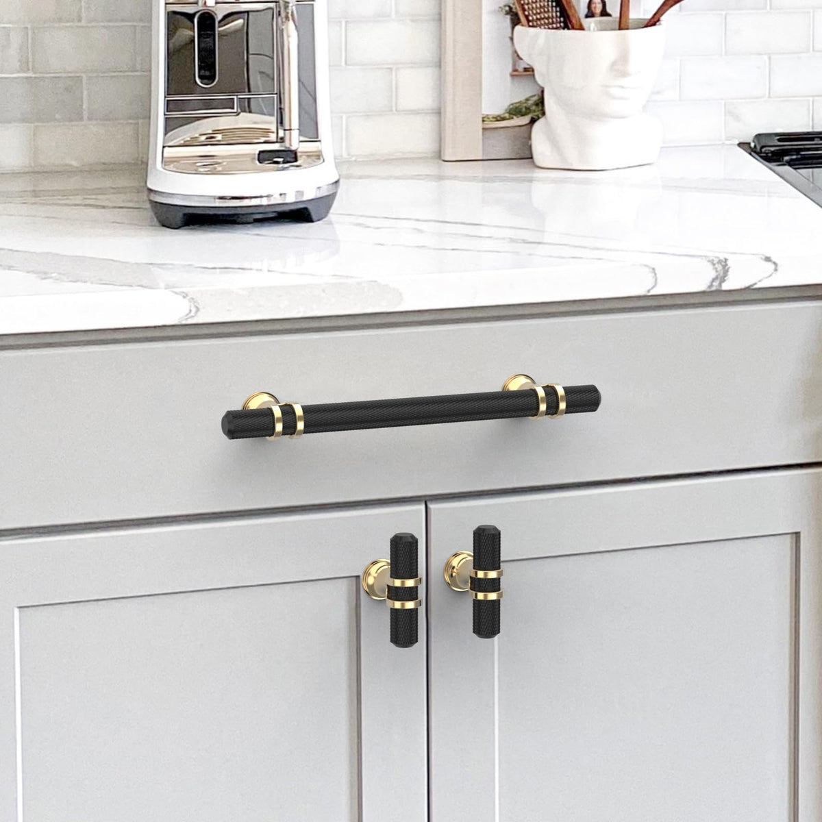 10 Pack Gold and Matte Black Knurled Cabinet Knobs for Dresser Kitchen Knobs for Cabinets Single Hole Cabinet Pulls
