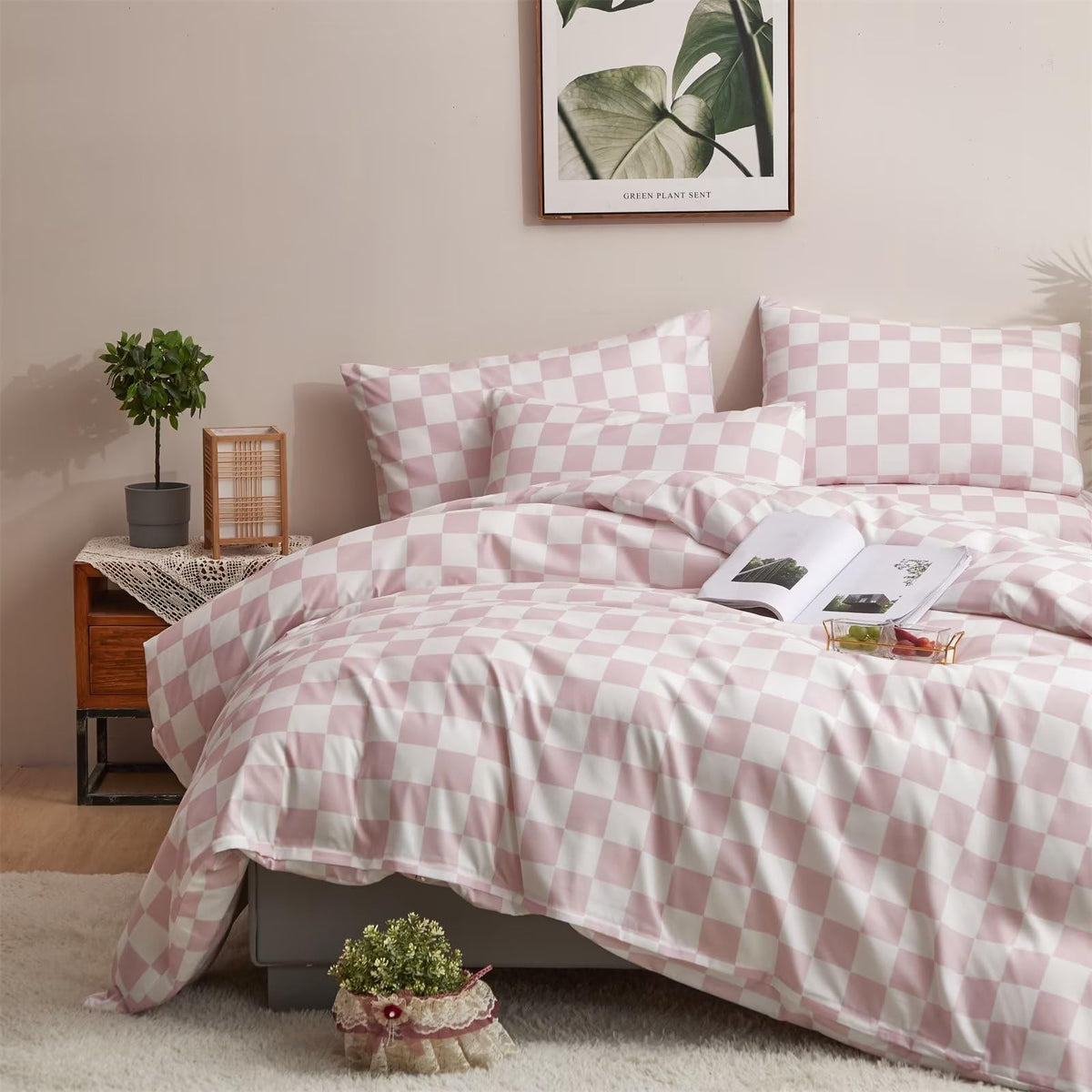 White and Pink Duvet Cover Plaid Checkerboard Bedding Set