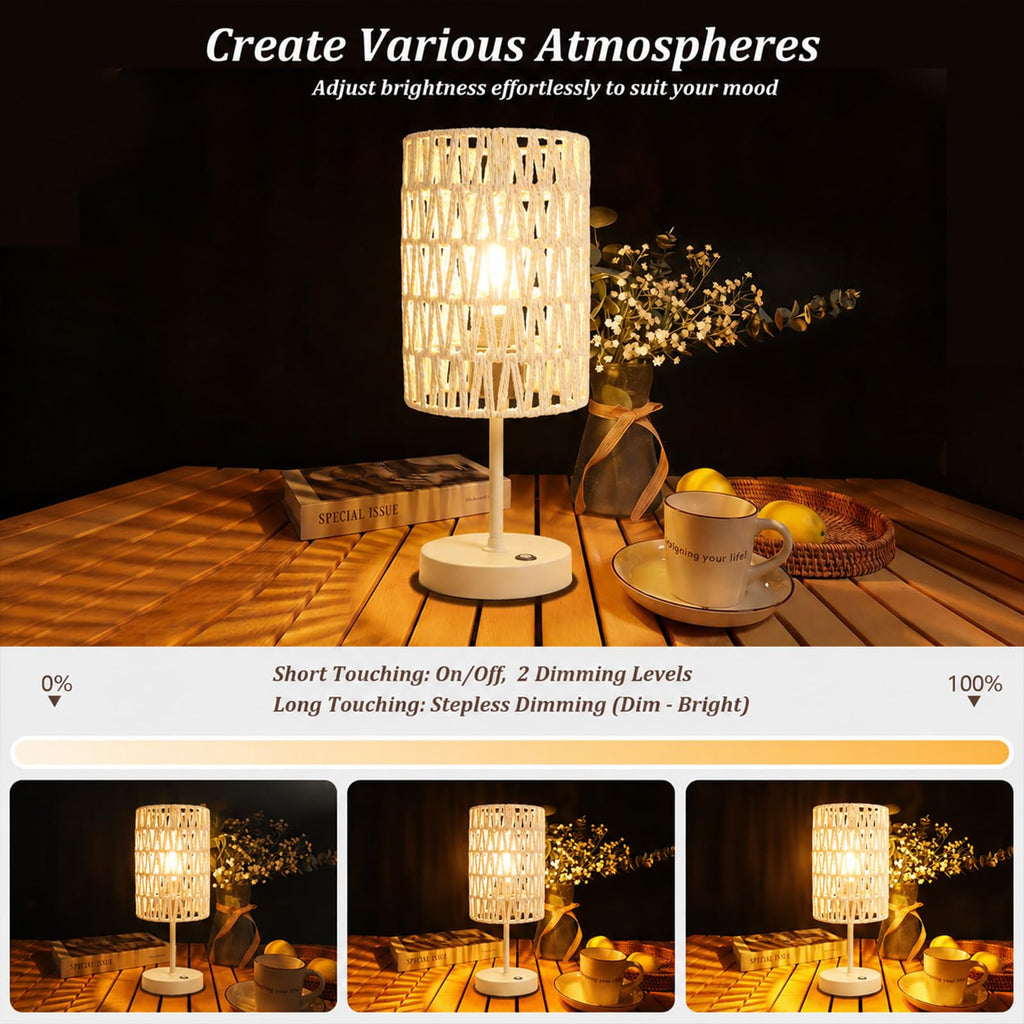 Boho Cordless Outdoor Table Lamps, Rechargeable Battery Operated Rattan Table Lamps, Stepless Dimmable, for Covered