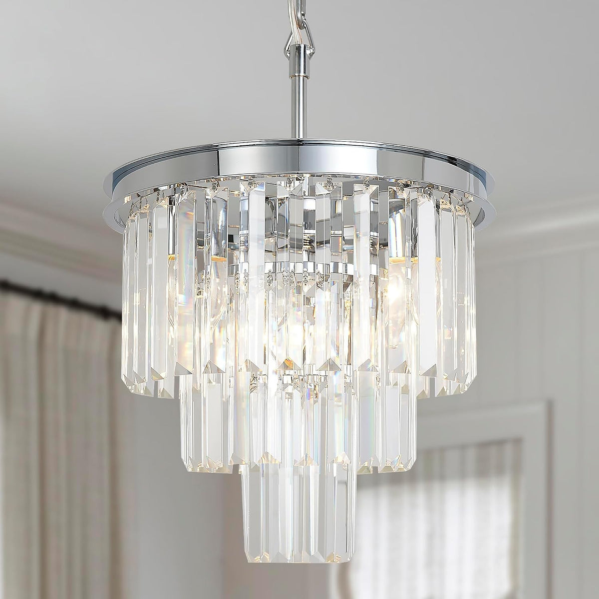 4-Light Chrome 3-Tier Crystal Chandelier, Compact Modern Fixture for Entryways