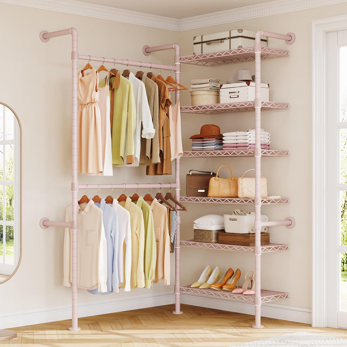 L2 Wall Mounted Closet System, Industrial Pipe Clothing Rack, Pink