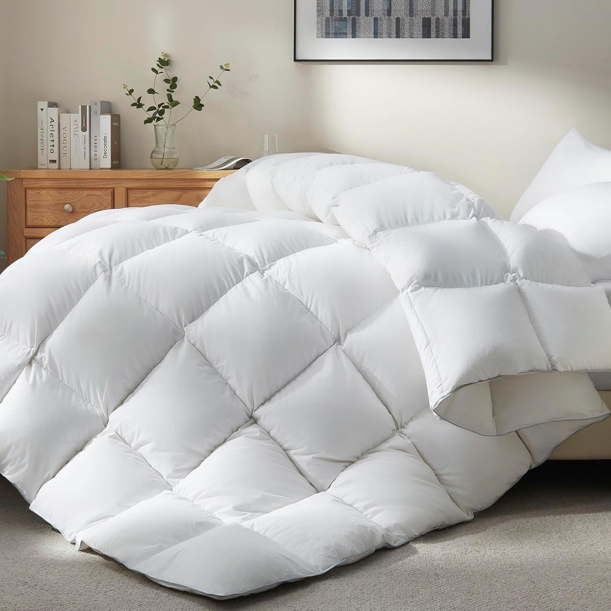 Goose Feather Down Fiber Comforter - All Season White Fluffy Duvet Insert