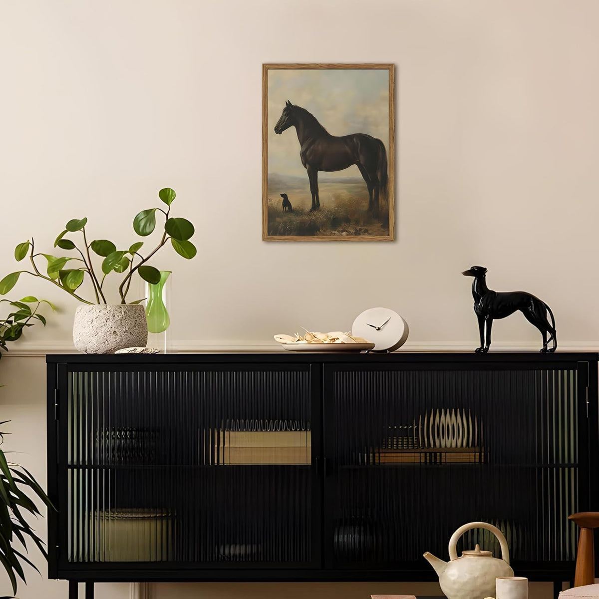 Vintage Black Horse Wall Art Cottagecore Horse and Dog Wall Decor Painting, Moody Rustic Animal Poster Canvas Print