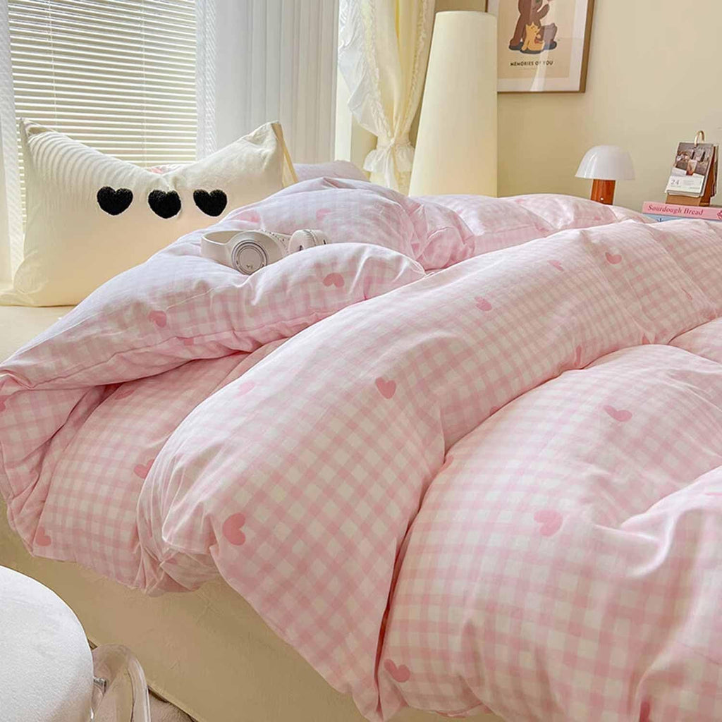 Pink and White Comforter Set Queen Size - Plaid Grid Checked Gingham Geometric Heart Pattern Printed Bedding Sets - 3