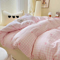 Pink and White Comforter Set Queen Size - Plaid Grid Checked Gingham Geometric Heart Pattern Printed Bedding Sets - 3
