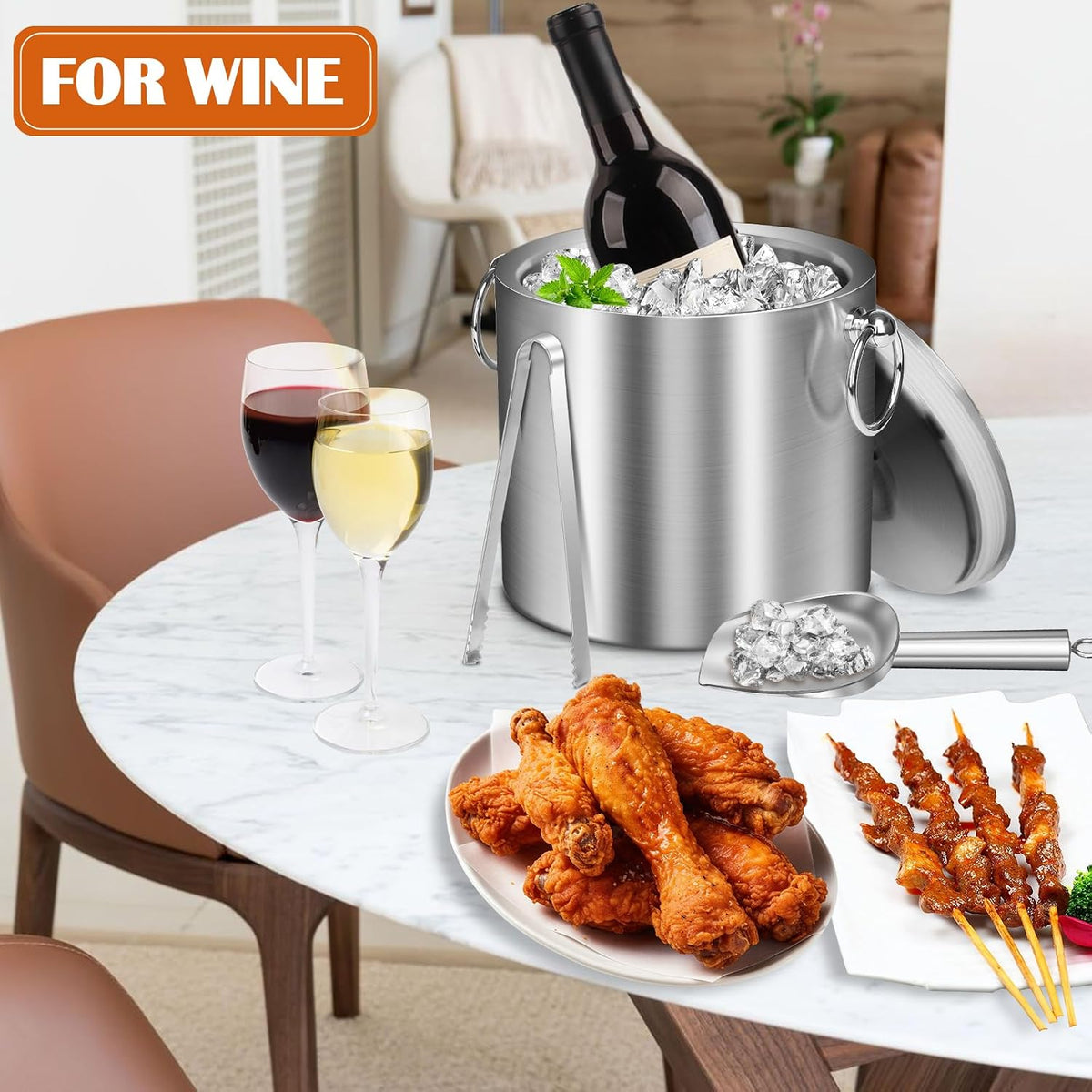 Ice Bucket with Lid & Tong- Well Made Insulated Stainless Steel Keep Ice Frozen Longer