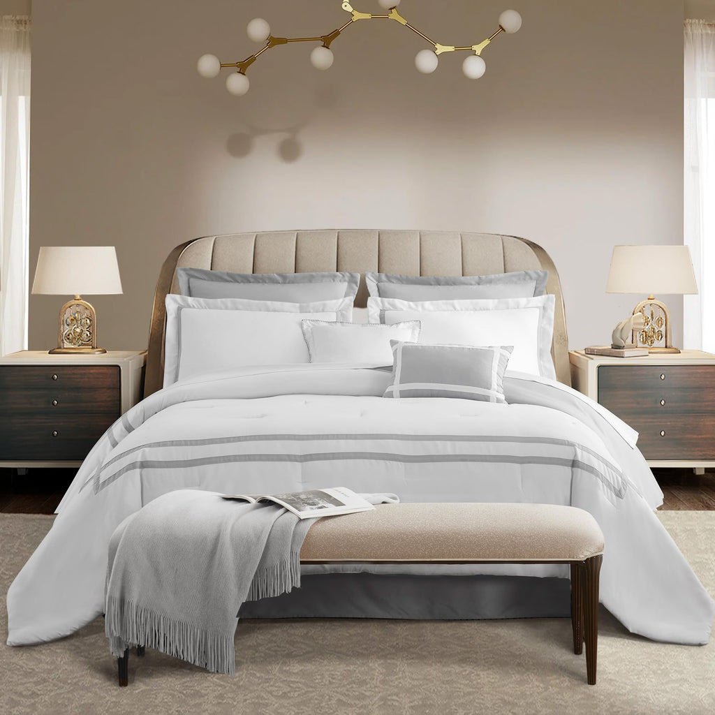 White Comforter Set, 8-Piece Hydro-Brushed Wooly Feel Hotel Style Modern Luxury Bedding Comforter Set with