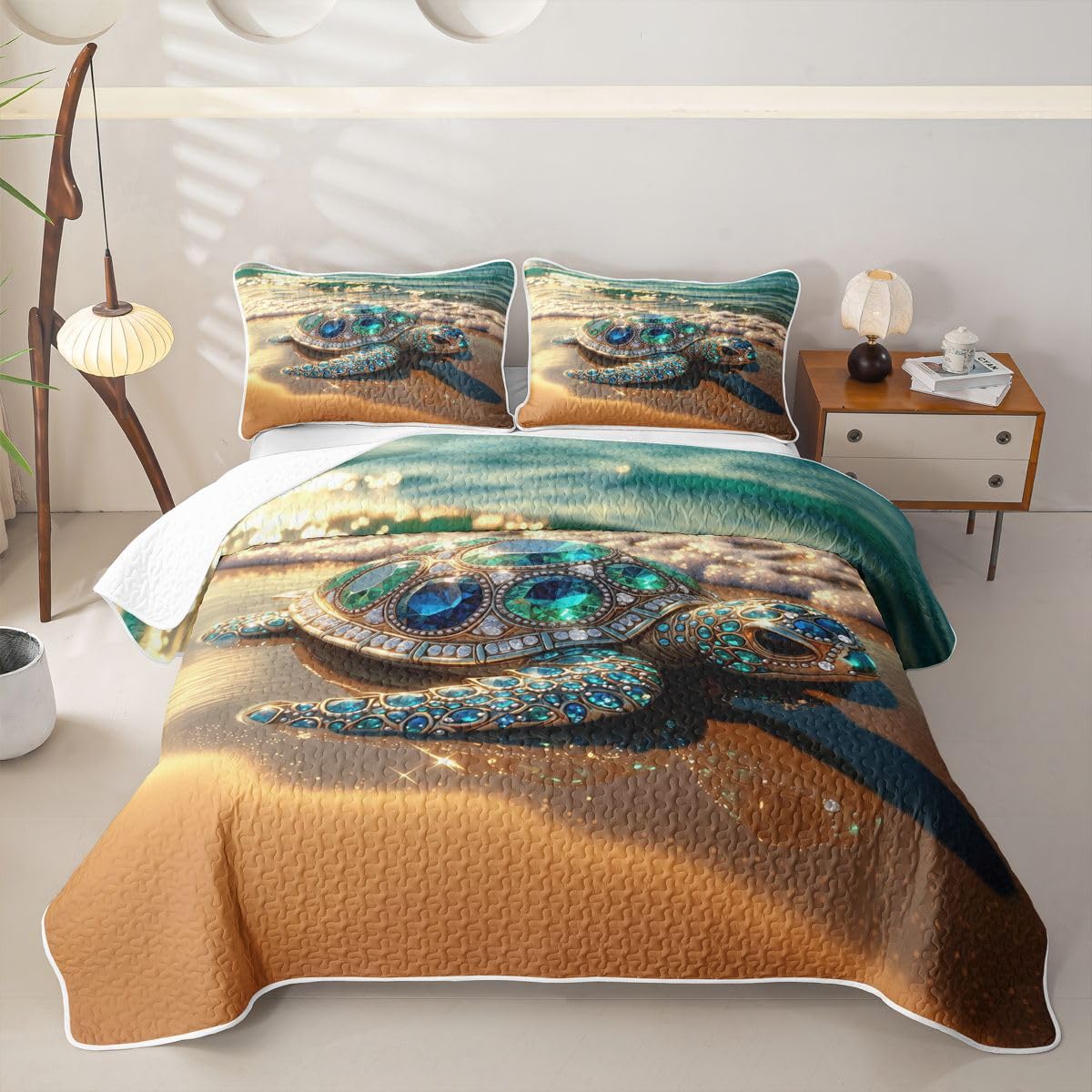 Sea Turtle Quilt for Women - Luxury Sparkling Gemstone Turtle Quilt Set Chic Coastal Beach Quilted Bedspread