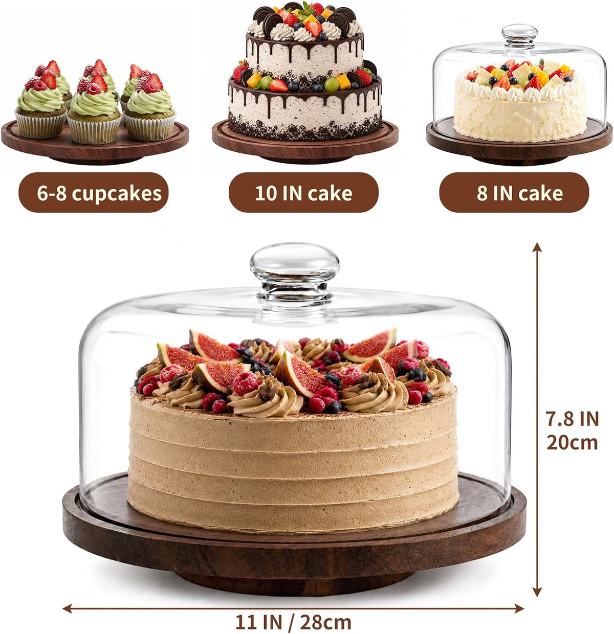Acacia Wood Cake Stand with Glass Dome,11" Rotating Cake Stand for Desserts