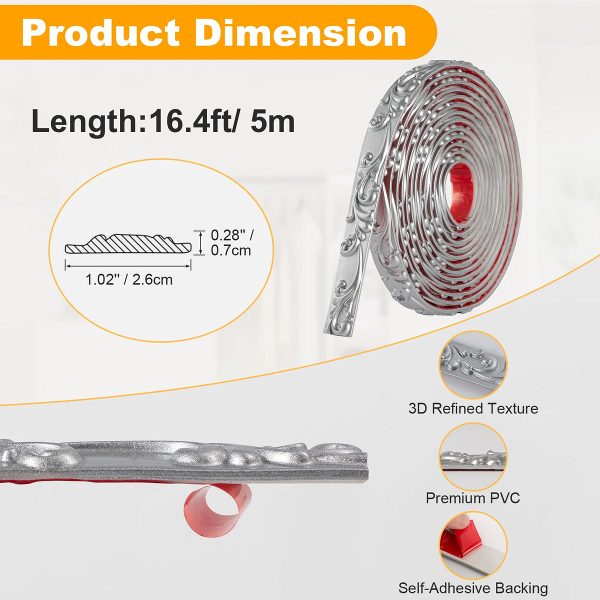 16.4FT x 1.02'' Silver Peel and Stick Crown Molding Trim - Flexible Mirror Trim Peel and Stick, Self-Adhesive