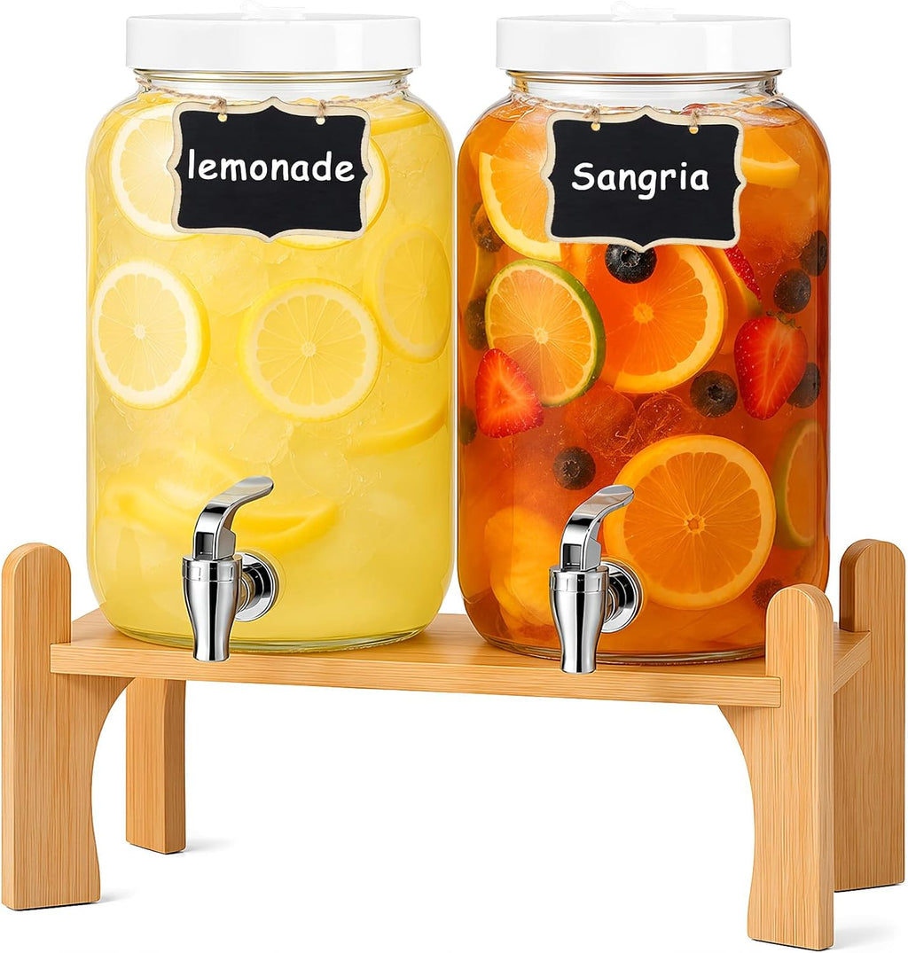 Gallon Large with Stand for Parties, Glass Iced Beverage Dispensers with Spigot, Reusable Water Dispenser - Set of 2