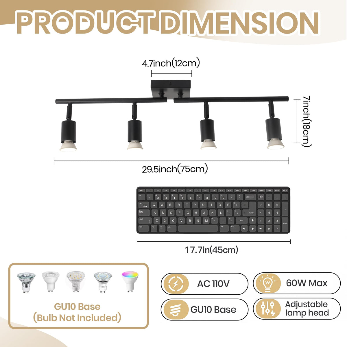 Black Track Lighting Kit - Adjustable GU10 Ceiling Spotlights, Modern Hardwired Flush Mount Fixture Island