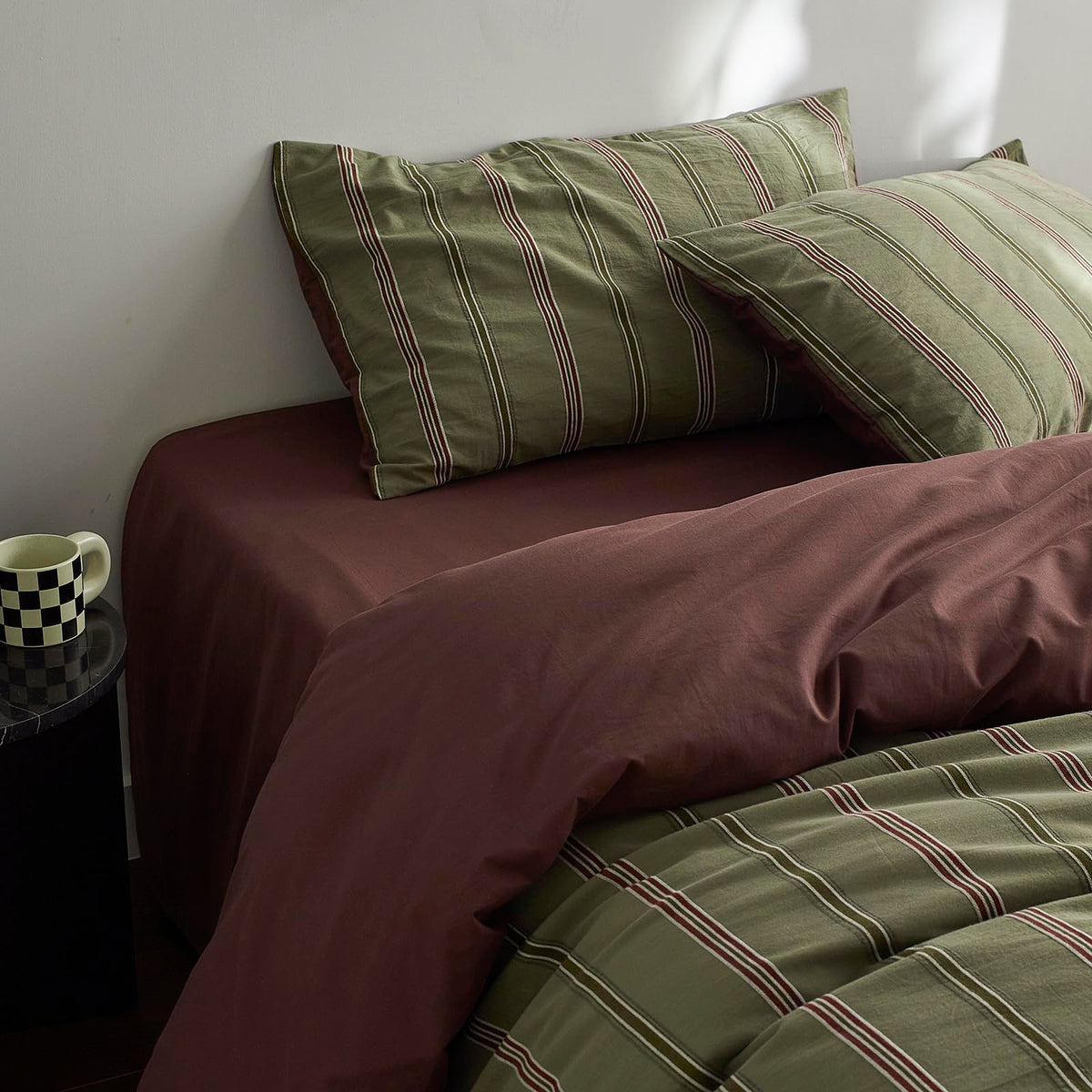 Vintage Striped Duvet Cover Set Queen - 100% Cotton Reversible Jacquard Bedding Set, Retro Olive Green & Terracotta