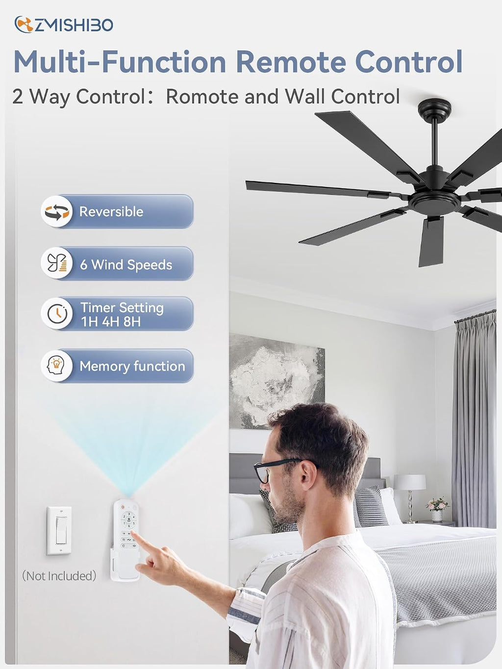 60" Black Ceiling Fan with Remote, No Light