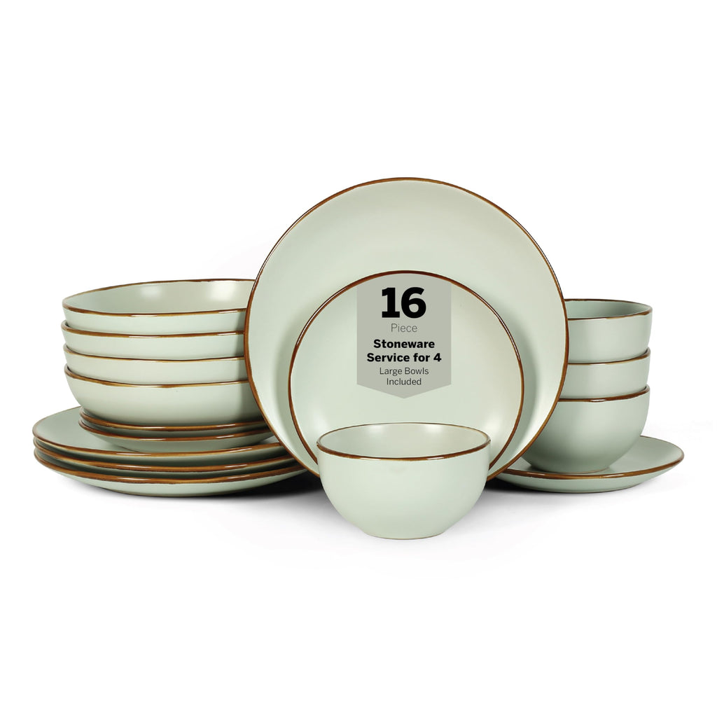 Lain Brasa Stoneware 16 Piece Modern Dinnerware Set, Plates and Bowls, Service for 4, Light Green, Microwave &