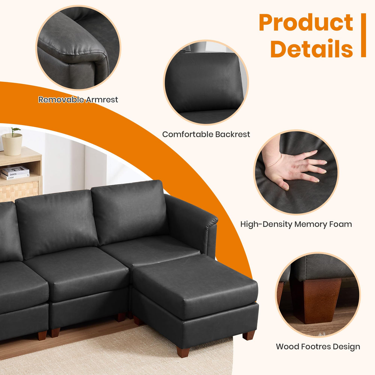 166" Modern Sectional Sofa, Faux Leather Modular Sectional Couchs with Storage Waterproof Convertible U/L Shaped Wide