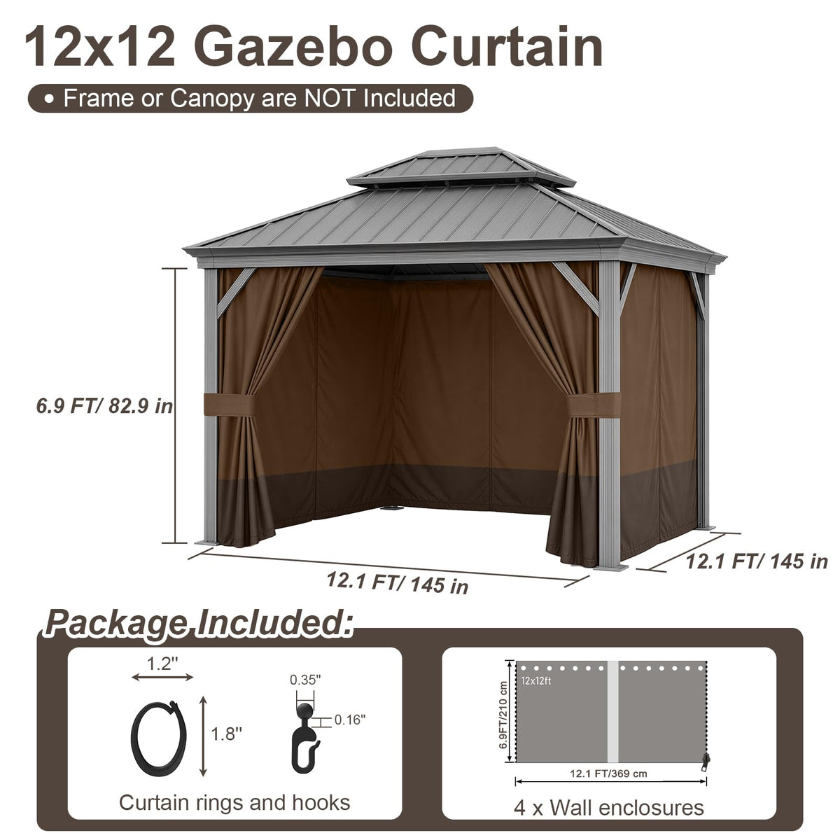 12'x12' Gazebo Privacy Curtain Replacement, Universal 4-Panel Sidewall