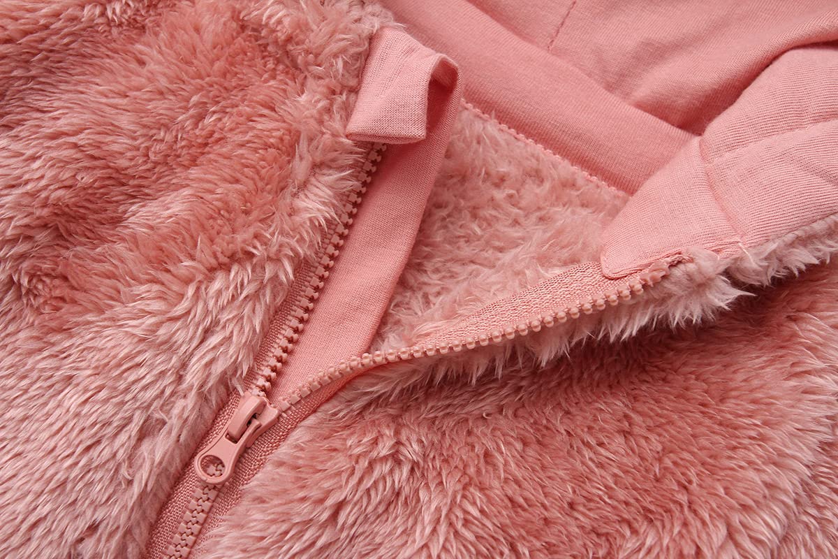 Girl's Winter Polar Fleece Playsuit Cozy Lined Loose Fit Warm Hooded Romper for Baby Toddler Pink
