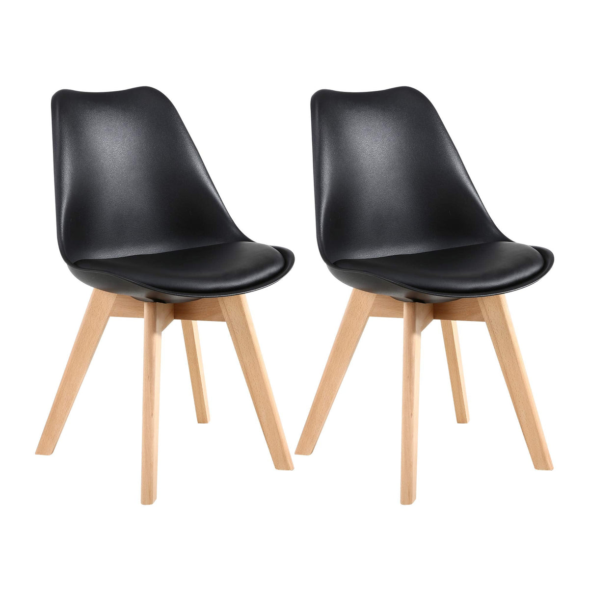 Mid Century Modern Shell Dining Chairs with Wood Legs, 2PCS, Black