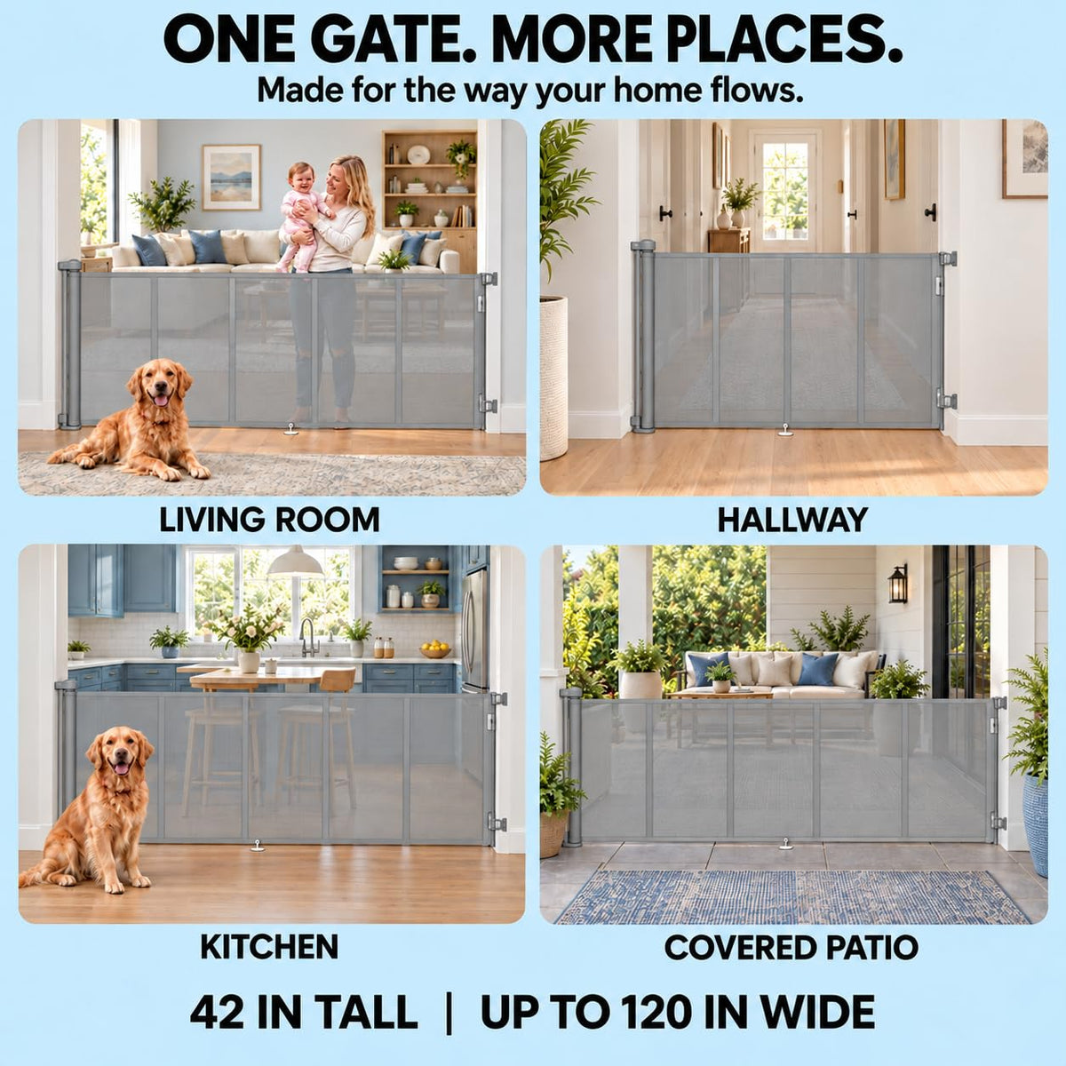 120" Extra Wide Retractable Baby Gate, 44" Tall Dog Gate for Stairs