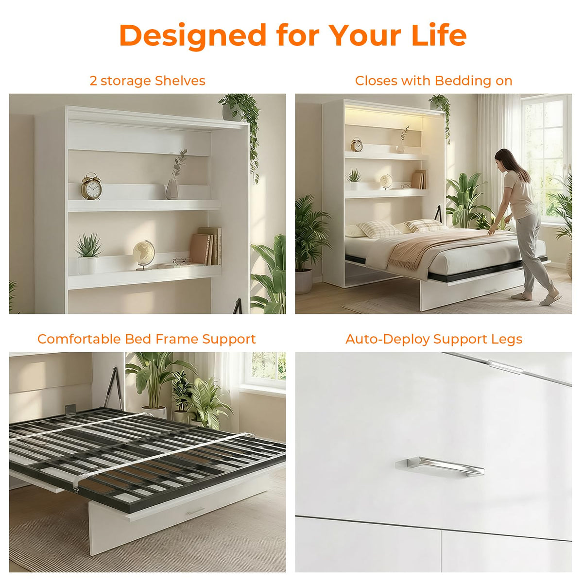Full Vertical Murphy Bed Wall with Storage&Gas-Lift(Gloss White)