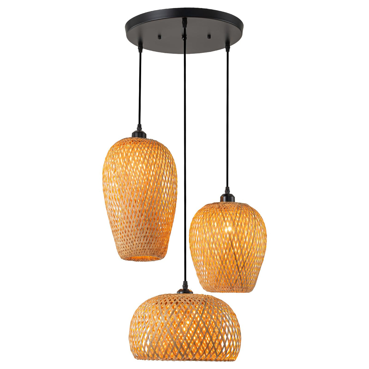 Rattan Pendant Light Bamboo Hanging Light 3-Lights Boho Pendant Light Fixture Woven Basket Wicker Shade Rattan