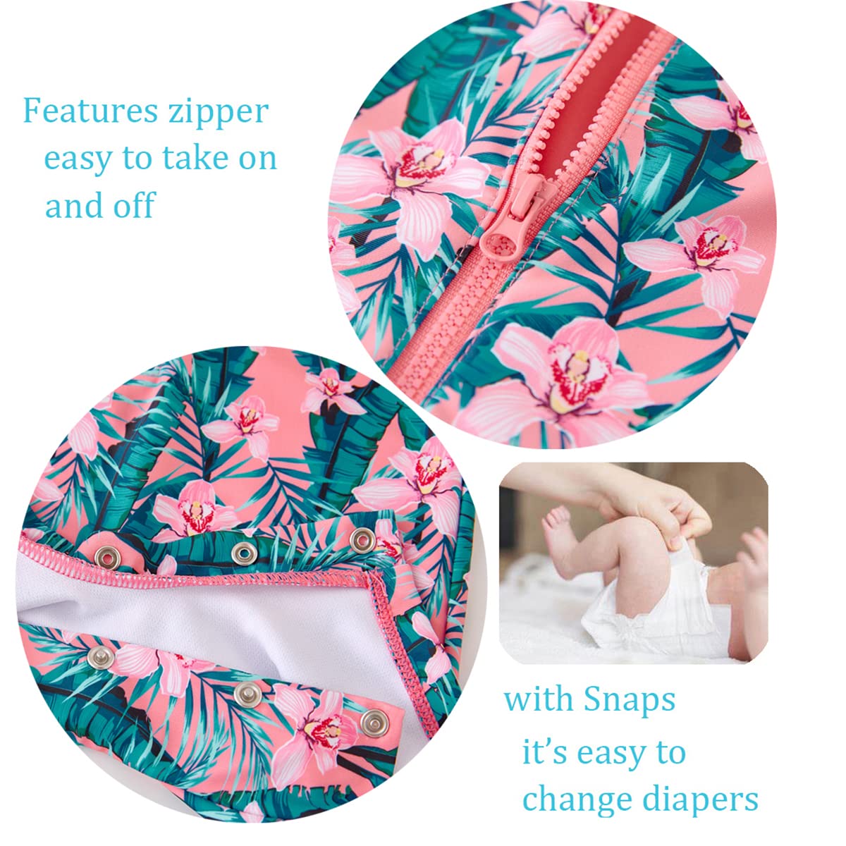 Baby Girls Swimwear Sets One Piece Rash Guard Swimsuit with Sun Hat (Pink, Tropical jungle )
