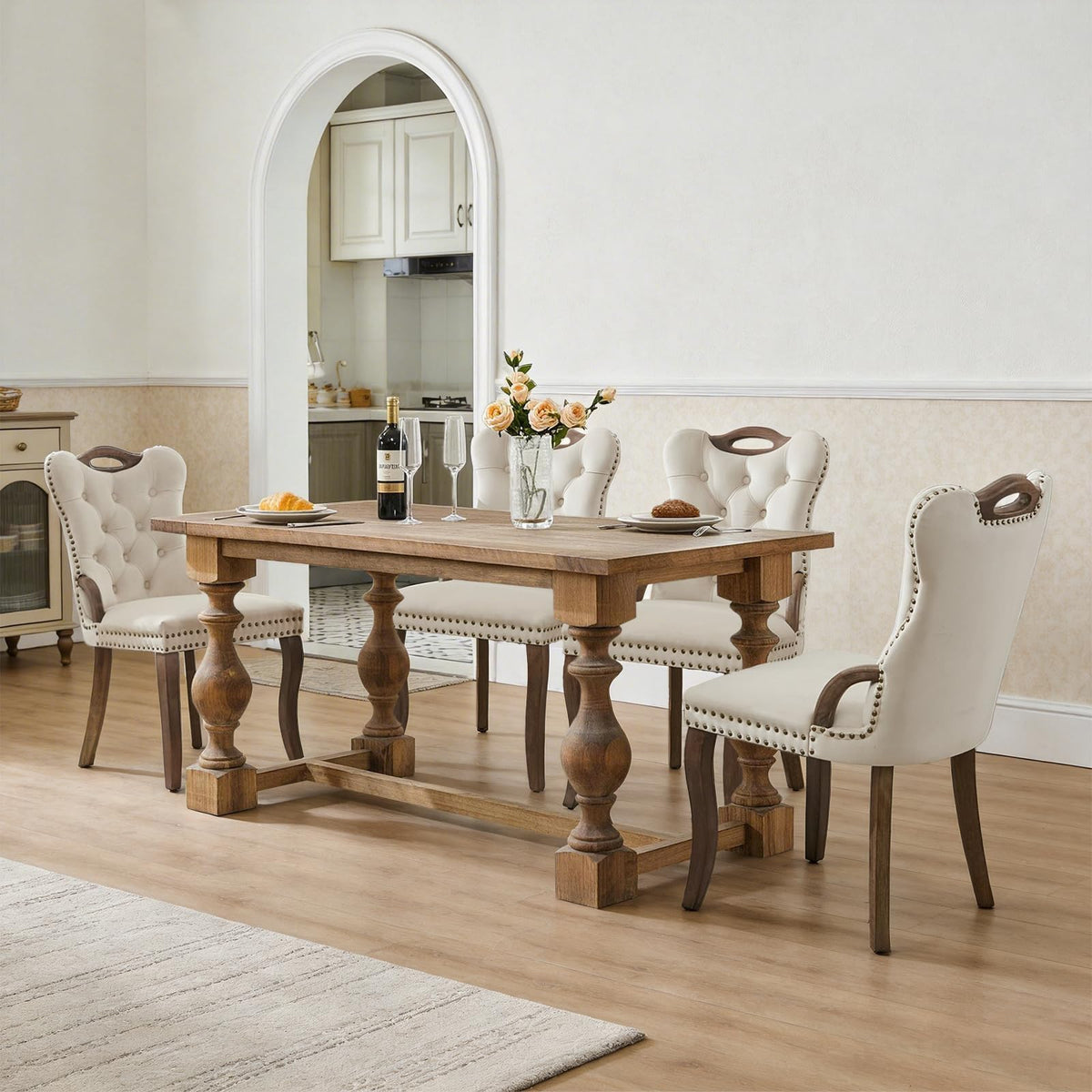 Velvet Dining Chair Set of 2, Solid Wood Handles, Upholstered Tufted Dining Room Chair with Nailhead Trim (Beige)