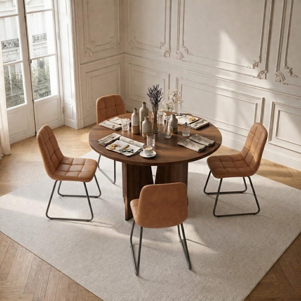 Inspired Saarinen Style Modern Round Dining Table Set for 4, 39.4" Walnut Kitchen Table with 4 PU Leather Chairs, 5-Piece Mid-Century Dining