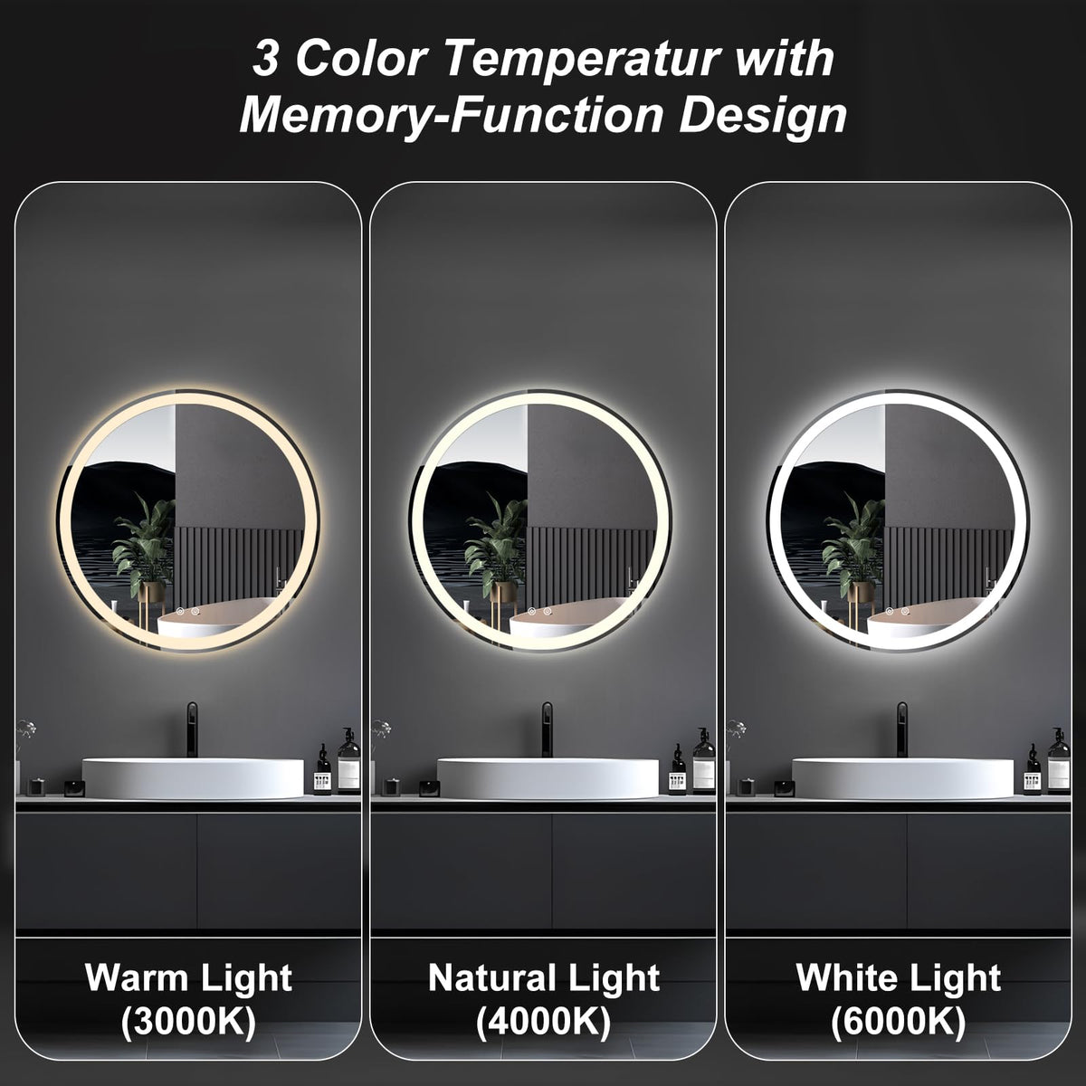 30 Inch Round LED Bathroom Mirror with Lights, Circle Vanity Mirror