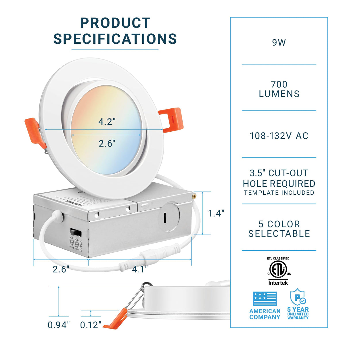 (6 Pack) 4 Inch LED Gimbal 5CCT Recessed Lighting, Directional Adjustable Canless Ceiling Light with J-Box