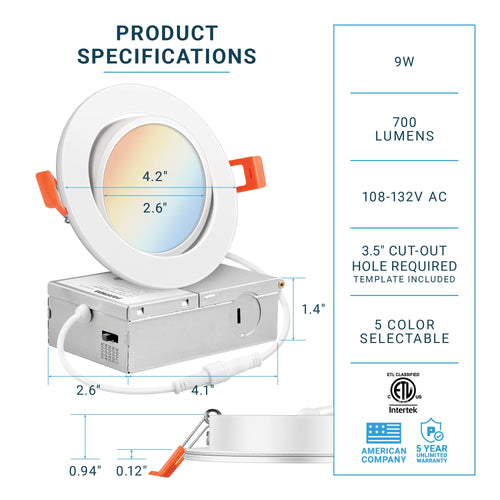 (6 Pack) 4 Inch LED Gimbal 5CCT Recessed Lighting, Directional Adjustable Canless Ceiling Light with J-Box
