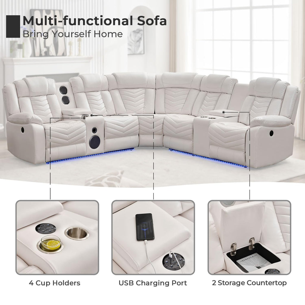 Power Recliner Sectional Sofa Couches with Bass Speakers, Faux Leather Reclining Corner Sectionals Sofa Couch Sets