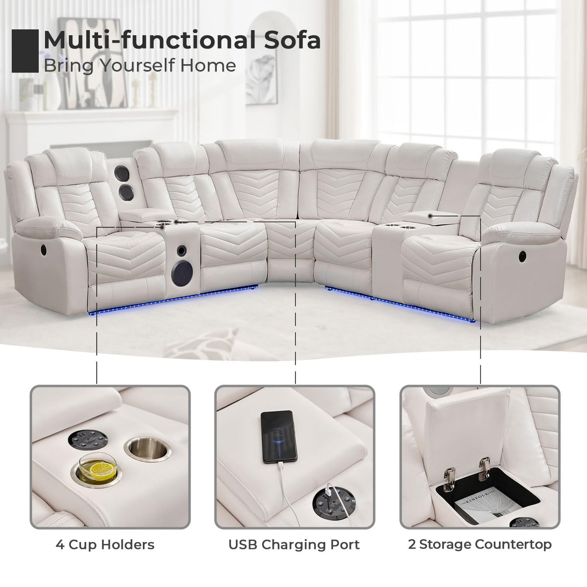 Power Recliner Sectional Sofa Couches with Bass Speakers, Faux Leather Reclining Corner Sectionals Sofa Couch Sets