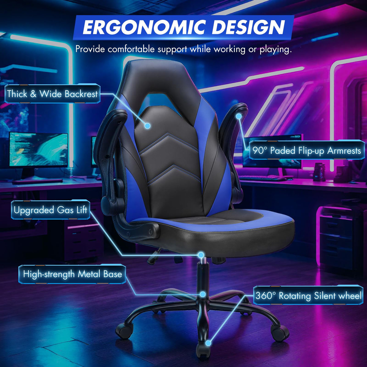Computer Desk Chair, Lumbar Support Video Game Chair PU Leather