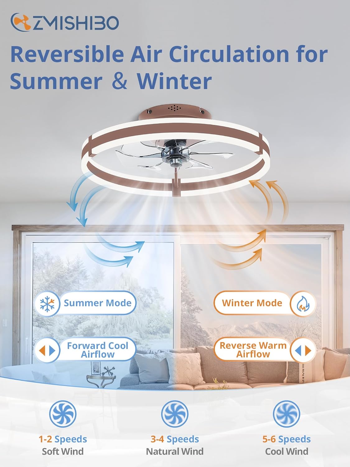 19.7" Brown Flush Mount Chandelier Ceiling Fan with Light & Remote