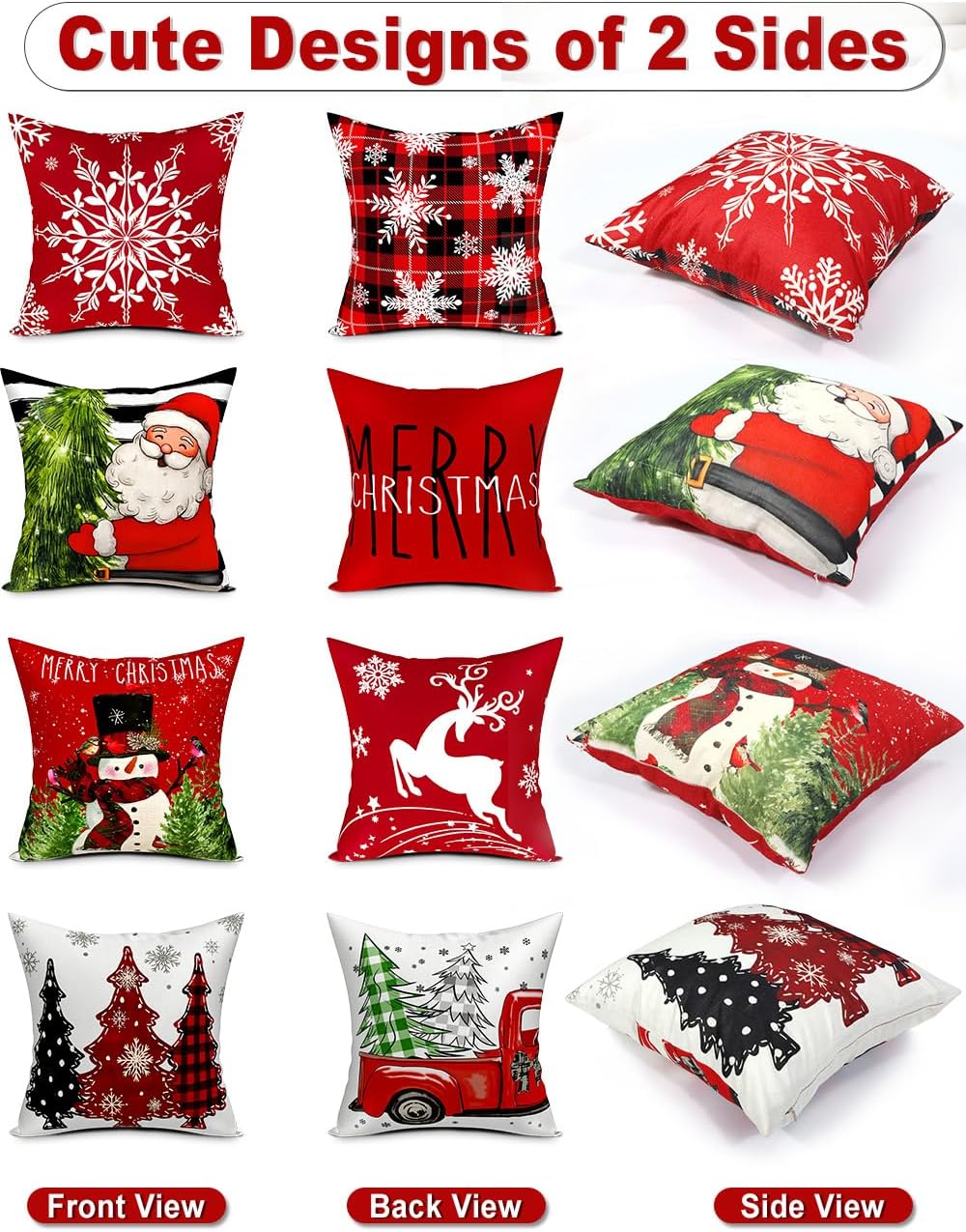 Double-Sided Print Christmas Pillow Covers 16''x16'', 8 Christmas Patterns Christmas Tree, Snowman - Set of 4