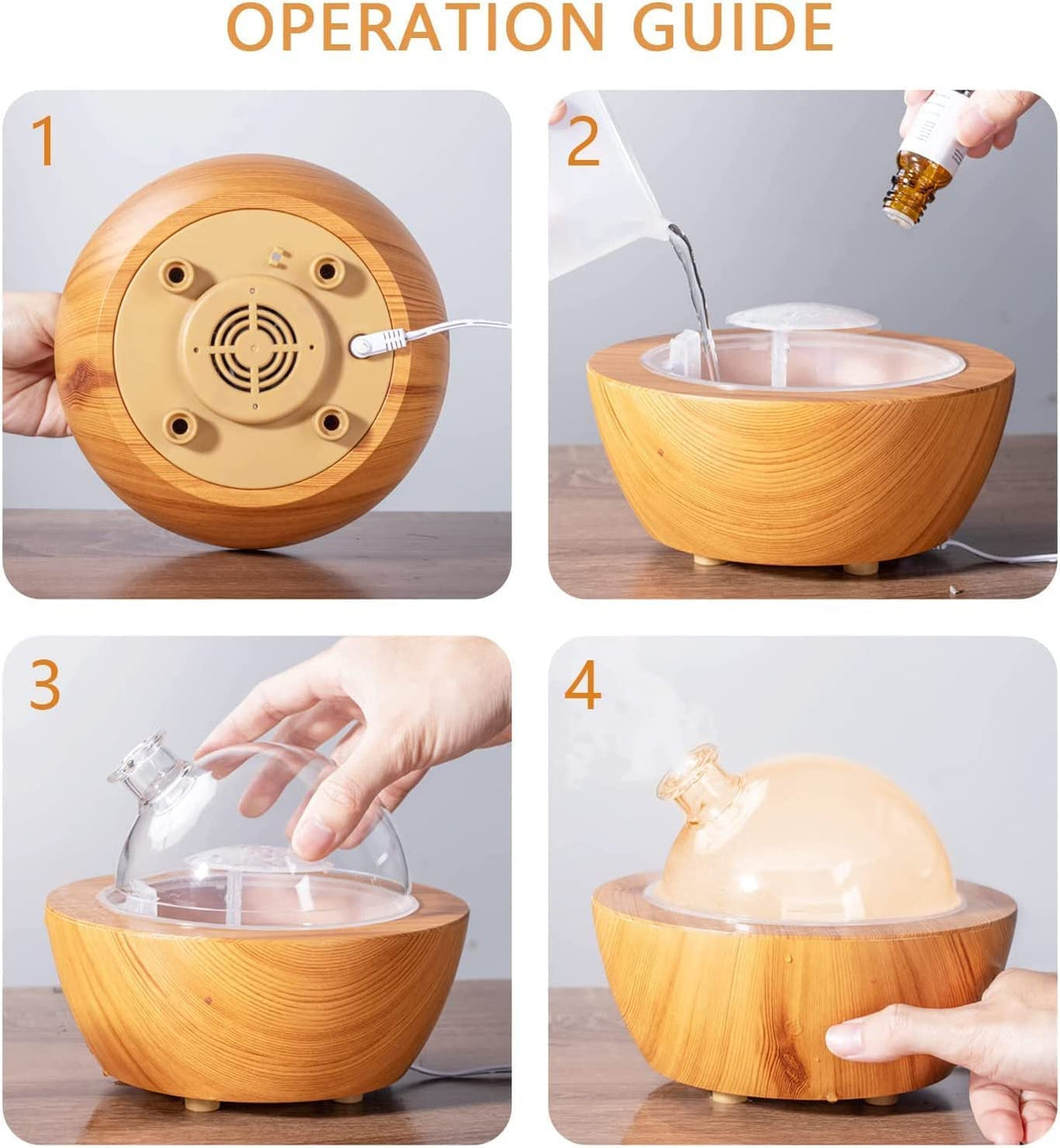280ml Glass Essential Oil Diffuser Wood Grain Base Air Aroma Diffusers for Aromatherapy Cool Mist Humidifier with