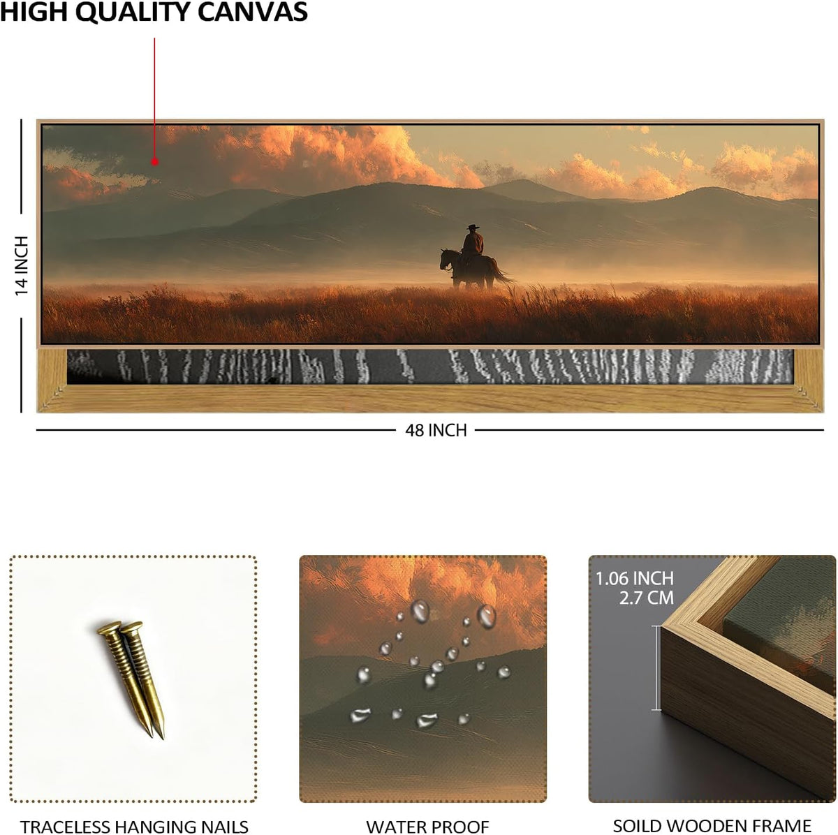 Large Cowboy Wall Art Framed Vintage Western Wall Decor Nature Mountain Canvas Picture Office Home Decor Sunset