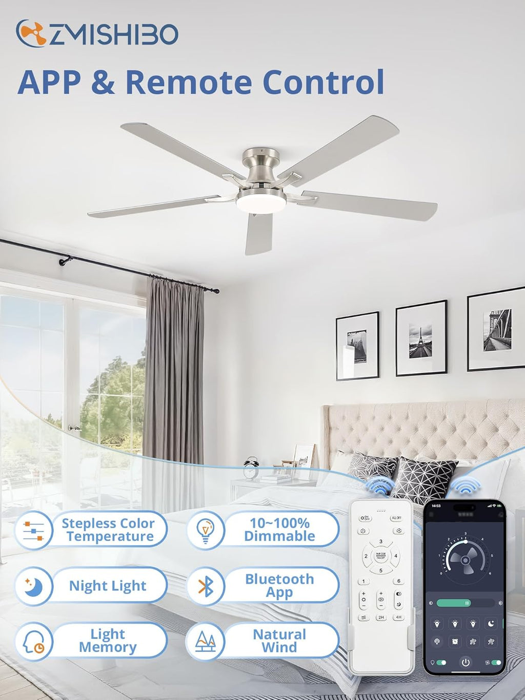 60" Nickel Flush Mount Ceiling Fan with Light & Remote