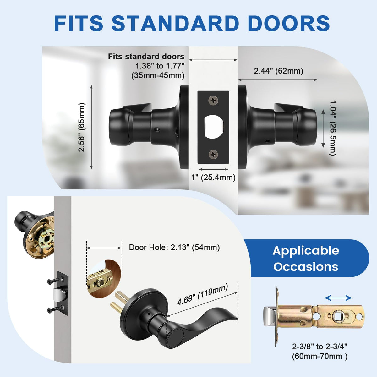 2 Pack Passage Door Handles Interior, Hallway Closet Door Leverset Matte Black Finish Stainless Steel, Keyless Door