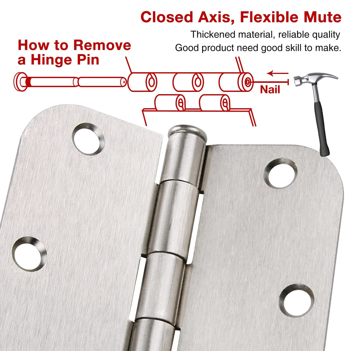 Residential Brushed Nickel Door Hinges 3.5" X 3 1/2" 5/8" Radius