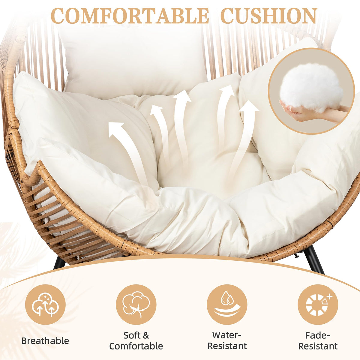 Wicker Rocking Egg Chair PE Rattan with Cushion, Oversized Patio Lounge Rocker Chair for Outdoor, Indoor, Balcony
